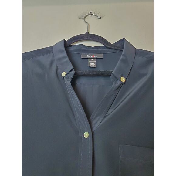 Style & Co Womens 16 Long Sleeve‎ Black Satin Top Button Up Tunic XL Career - Picture 2 of 8